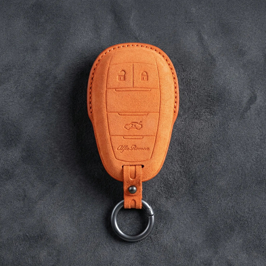 Alfa Romeo Hand - Stitched Alcantara Key Fob Cover – Shield 3 - Button - Orange