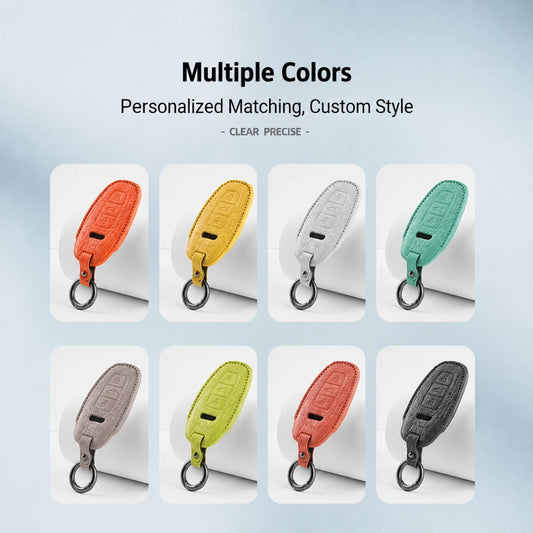 A promotional graphic showing eight car key fob covers in different colors arranged in a grid, with text at the top reading 'Multiple Colors' and 'Personalized Matching, Custom Style'. The covers are shown on white key fobs against a soft light blue background.