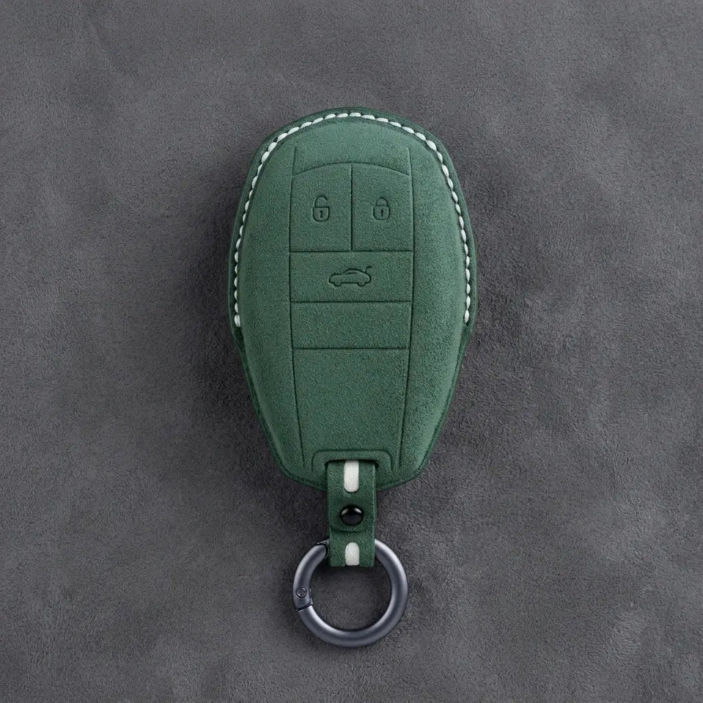 Bentley Hand-Stitched Alcantara Key Fob Cover – Winged Shield 3-Button Dark Green