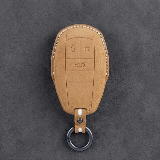 Bentley Hand-Stitched Alcantara Key Fob Cover – Winged Shield 3-Button Soft Brown