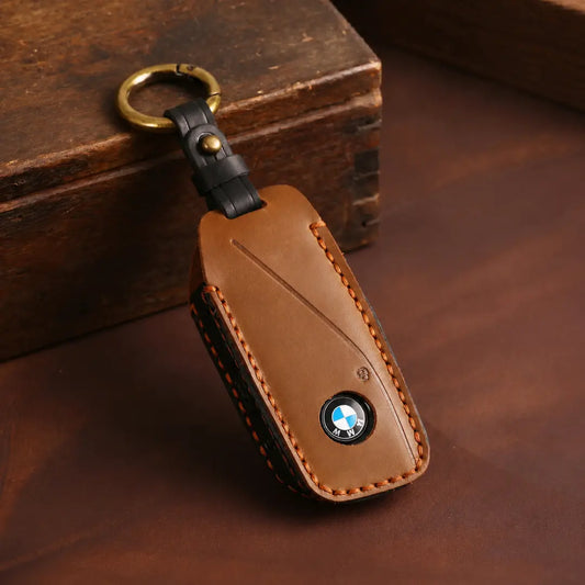 BMW Hand-Crafted Leather Key Fob Cover – Side-Button Wedge Brown