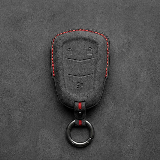 Cadillac Hand-Stitched Alcantara Key Fob Cover – Crest Shield 3-Button Dark Charcoal