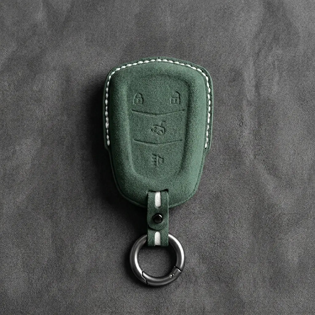 Cadillac Hand-Stitched Alcantara Key Fob Cover – Crest Shield 4-Button Dark Green