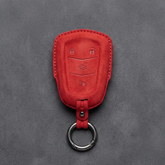 Cadillac Hand-Stitched Alcantara Key Fob Cover – Crest Shield 4-Button Red