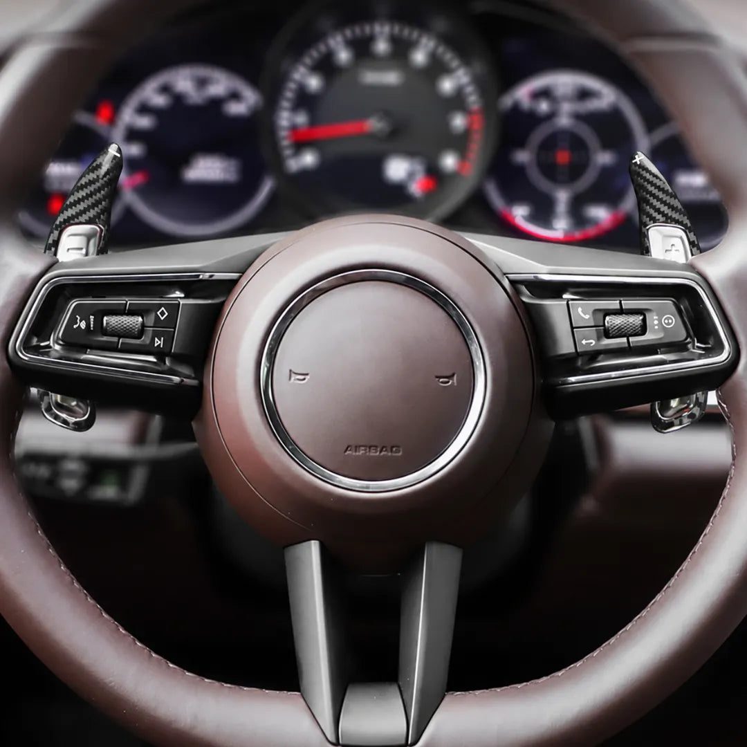 Carbon Fiber Paddle Shifters For Porsche Panamera, Cayenne, Macan, 718, 911 & 918 - Black On Steering Wheel