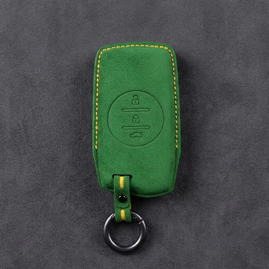 Chery Hand-Stitched Alcantara Key Fob Cover – Circular 3-Button - Grass Green