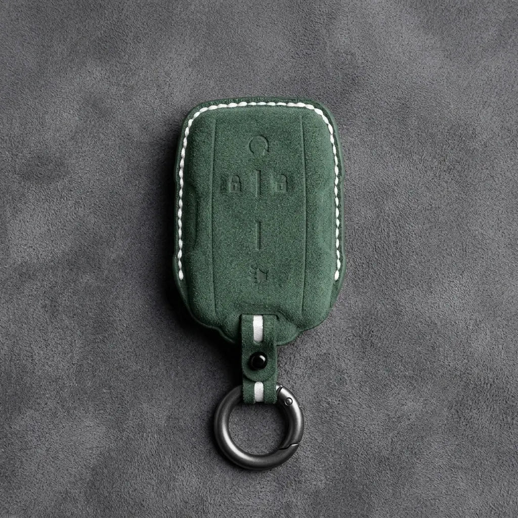 Chevrolet Hand-Stitched Alcantara Key Fob Cover – Block Wing 4-Button Dark Green