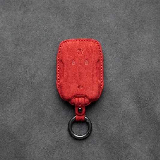 Chevrolet Hand-Stitched Alcantara Key Fob Cover – Block Wing 4-Button Red