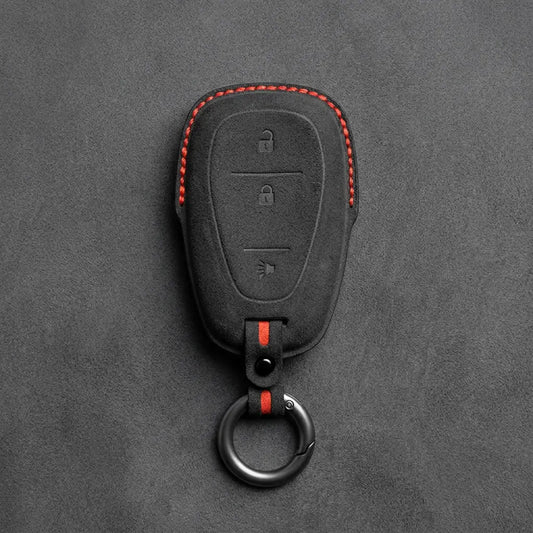 Chevrolet Hand-Stitched Alcantara Key Fob Cover – Chrome Shield 3-Button Dark Charcoal