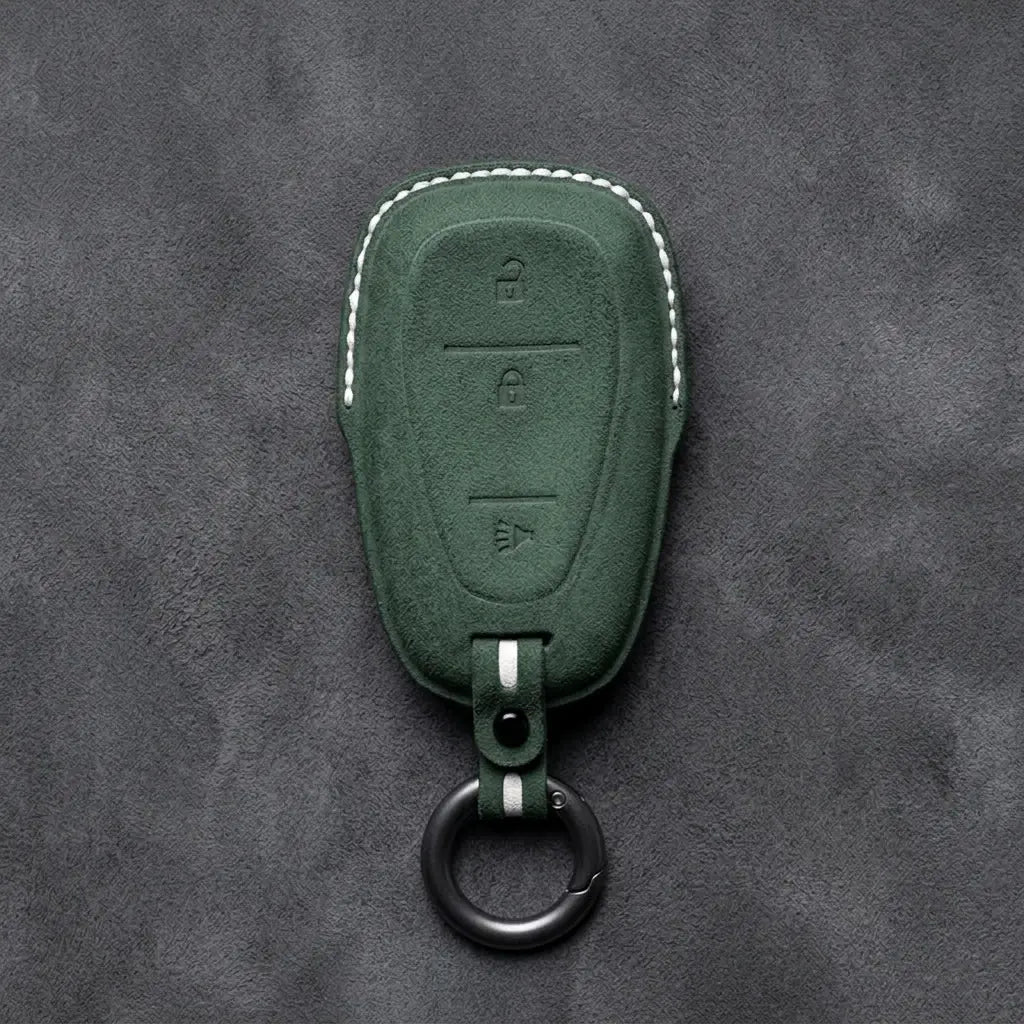 Chevrolet Hand-Stitched Alcantara Key Fob Cover – Chrome Shield 3-Button Dark Green
