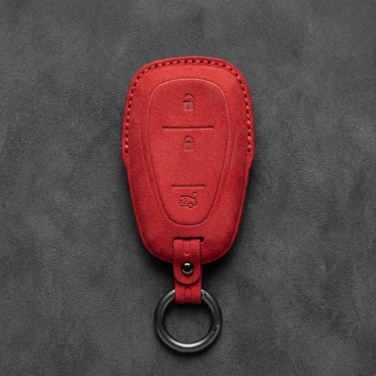 Chevrolet Hand-Stitched Alcantara Key Fob Cover – Chrome Shield 3-Button Tailgate Red