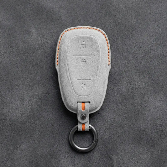 Chevrolet Hand-Stitched Alcantara Key Fob Cover – Chrome Shield 3-Button White