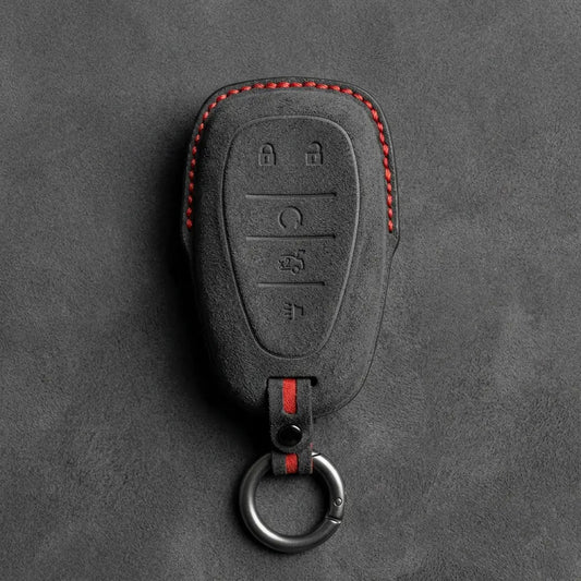 Chevrolet Hand-Stitched Alcantara Key Fob Cover – Chrome Shield 5-Button Dark Charcoal