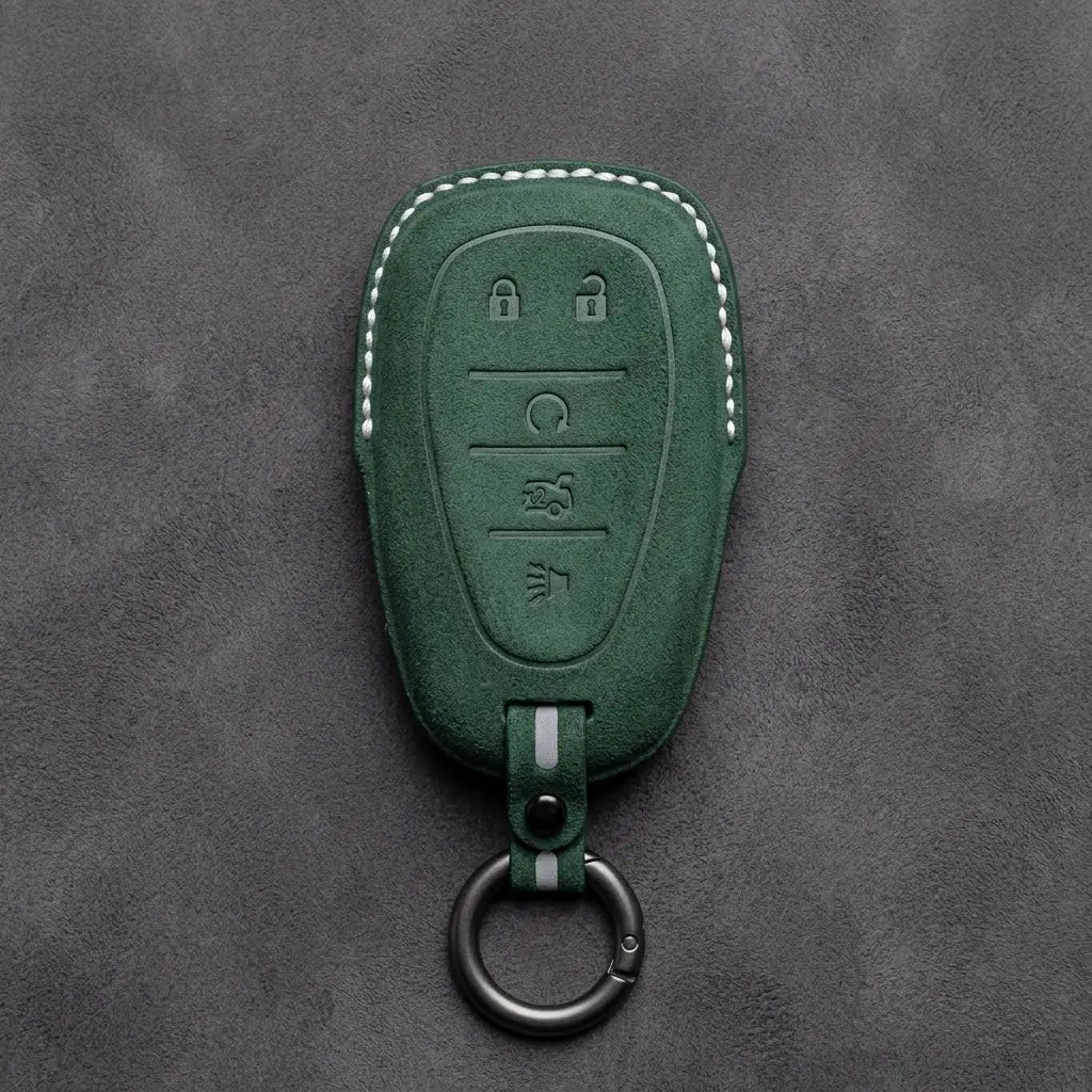Chevrolet Hand-Stitched Alcantara Key Fob Cover – Chrome Shield 5-Button Dark Green