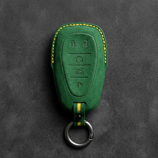 Chevrolet Hand-Stitched Alcantara Key Fob Cover – Chrome Shield 5-Button Grass Green