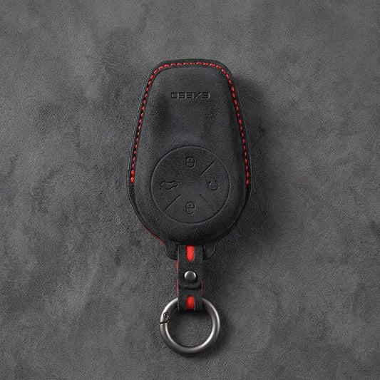 Exeed Hand-Stitched Alcantara Key Fob Cover – Circular 4-Button - Dark Charcoal
