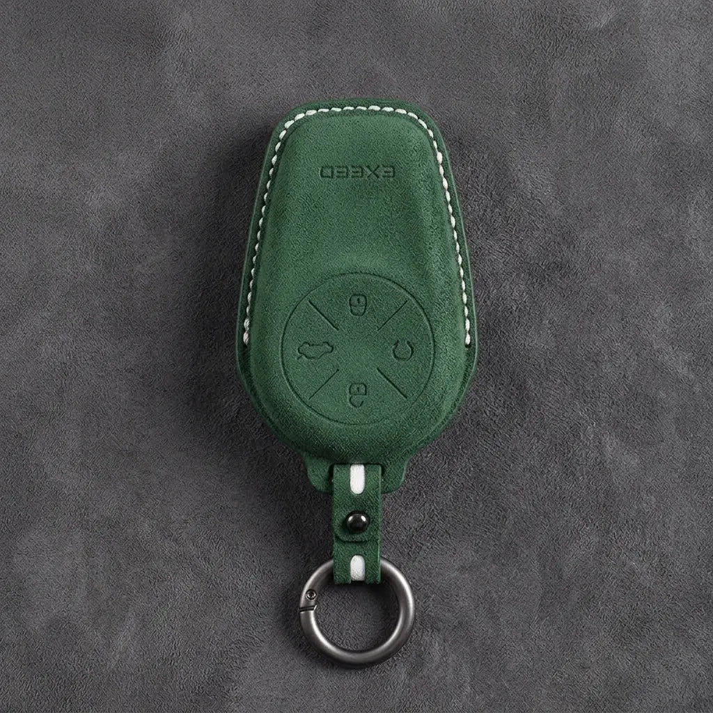 Exeed Hand-Stitched Alcantara Key Fob Cover – Circular 4-Button - Dark Green