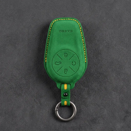 Exeed Hand-Stitched Alcantara Key Fob Cover – Circular 4-Button - Grass Green