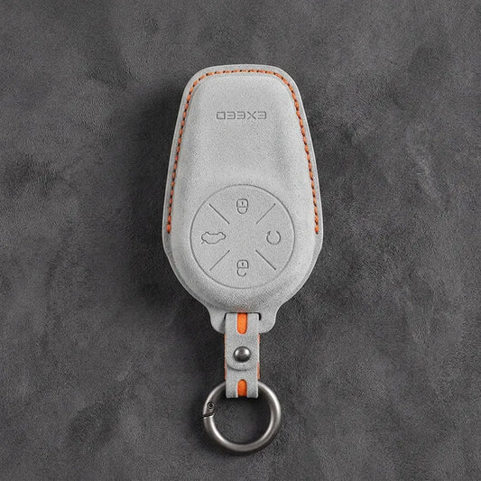 Exeed Hand-Stitched Alcantara Key Fob Cover – Circular 4-Button - White