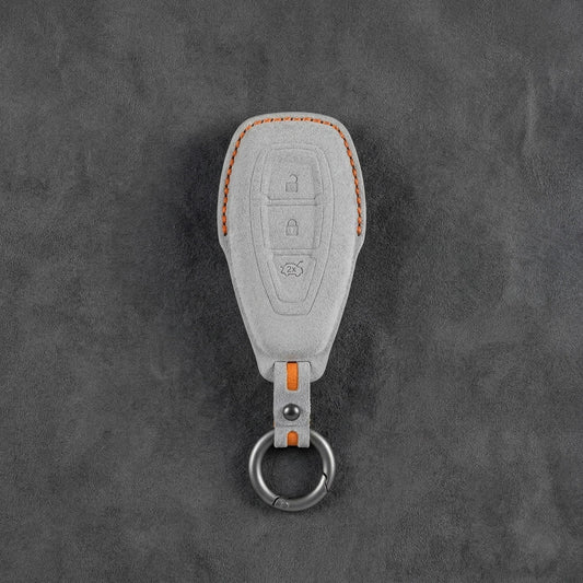 Ford Hand - Stitched Alcantara Key Fob Cover - Oval 3 - Button - White