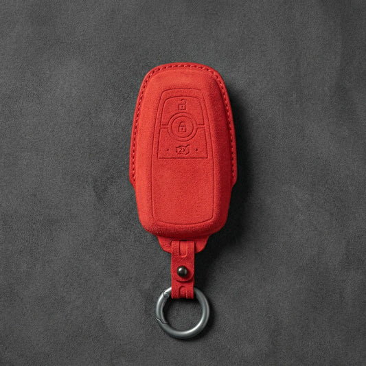 Ford Hand - Stitched Alcantara Key Fob Cover - Rectangular 3 - Button - Red