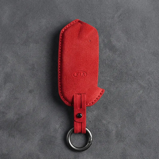 Kia用 ハンドステッチ仕上げアルカンターラ製キーフォブカバー – ベベルド・スマートキー(レッド)