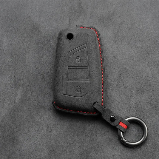 Hand-Stitched Alcantara Key Fob Cover for Toyota – Geometric Flip Key 2-Button in dark charcoal