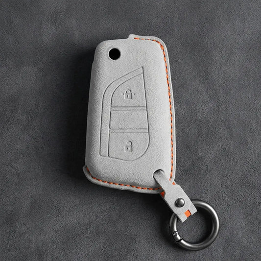 Hand-Stitched Alcantara Key Fob Cover for Toyota – Geometric Flip Key 2-Button in white