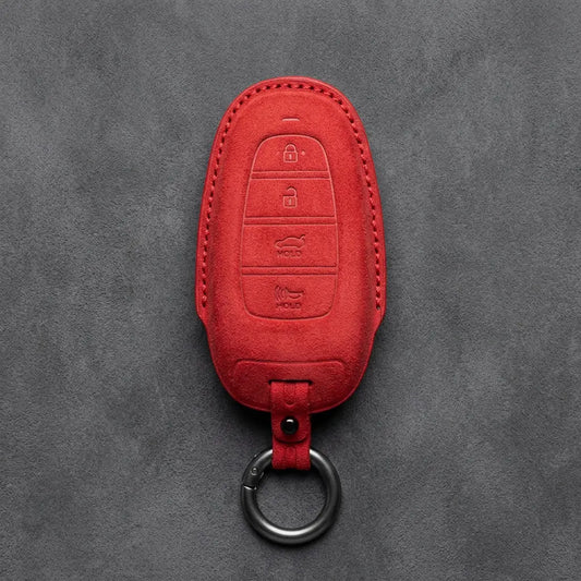 Hyundai Hand-Stitched Alcantara Key Fob Cover – Oval 4-Button Smart Key Red
