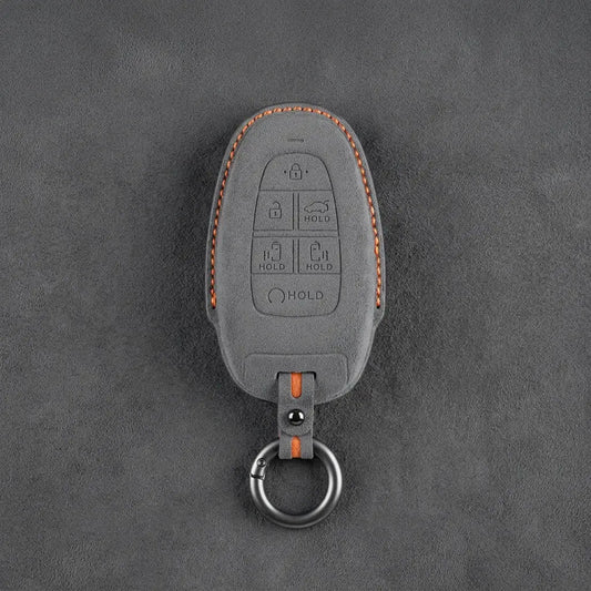 Hyundai Hand-Stitched Alcantara Key Fob Cover – Oval 6-Button Dark Gray