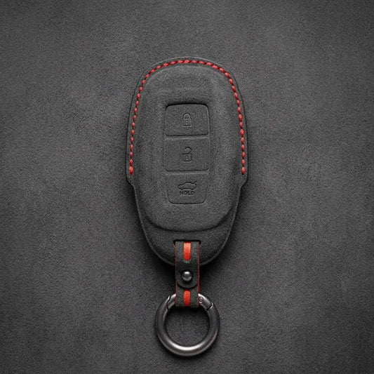 Hyundai Hand-Stitched Alcantara Key Fob Cover – Silver Cap 3-Button Dark Charcoal
