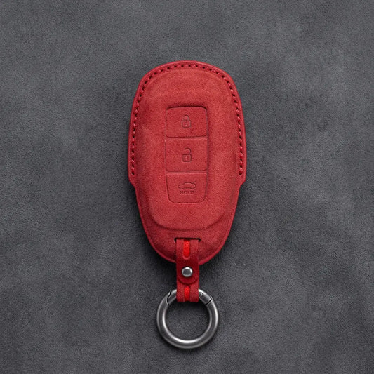 Hyundai Hand-Stitched Alcantara Key Fob Cover – Silver Cap 3-Button Red