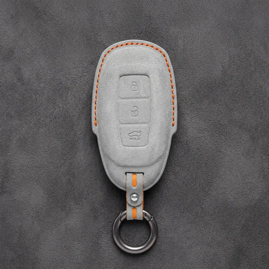 Hyundai Hand-Stitched Alcantara Key Fob Cover – Silver Cap 3-Button White