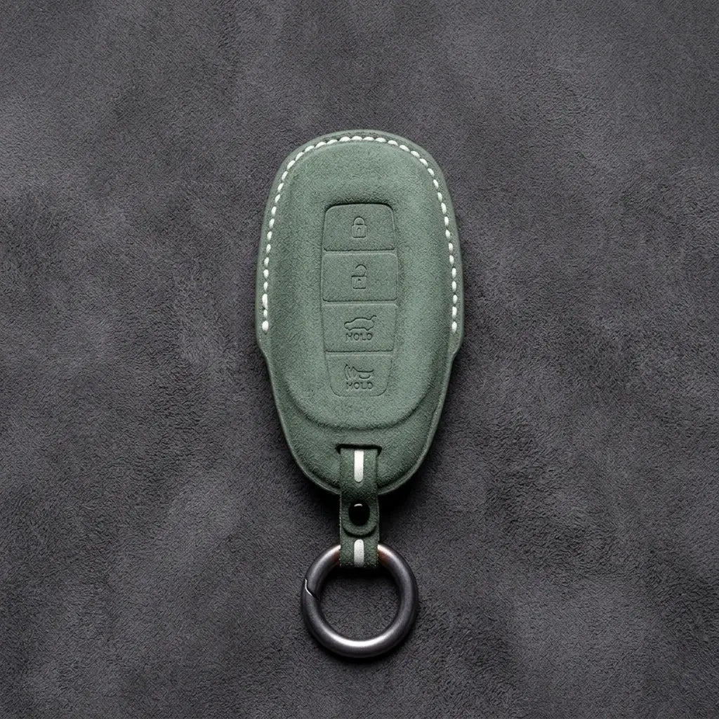 Hyundai Hand-Stitched Alcantara Key Fob Cover – Silver Cap 4-Button Dark Green