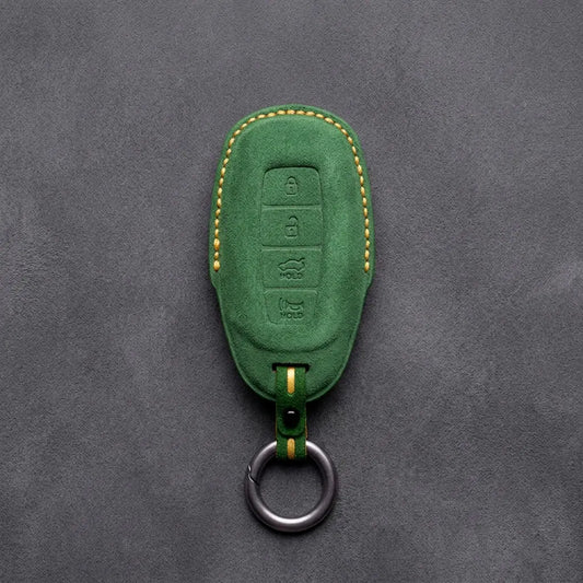 Hyundai Hand-Stitched Alcantara Key Fob Cover – Silver Cap 4-Button Grass Green