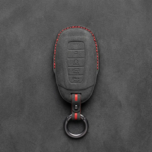 Hyundai Hand-Stitched Alcantara Key Fob Cover – Silver Cap 5-Button Dark Charcoal