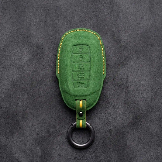 Hyundai Hand-Stitched Alcantara Key Fob Cover – Silver Cap 5-Button Grass Green