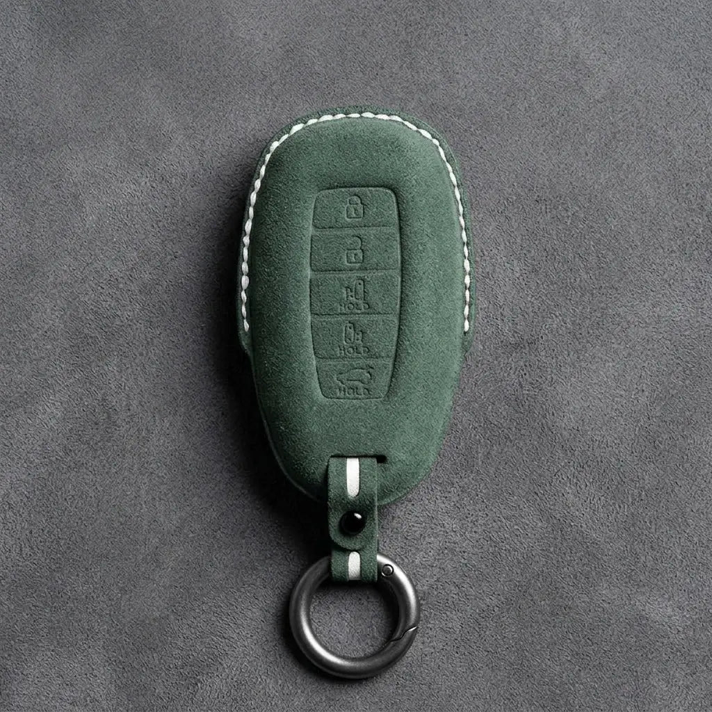 Hyundai Hand-Stitched Alcantara Key Fob Cover – Silver Cap Parking & Trunk Dark Green