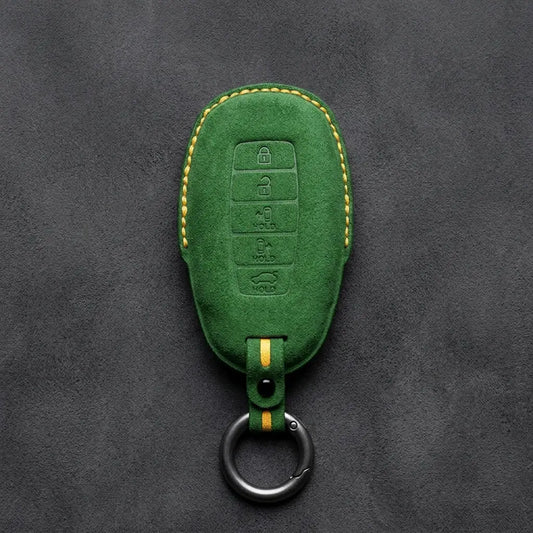 Hyundai Hand-Stitched Alcantara Key Fob Cover – Silver Cap Parking & Trunk Grass Green