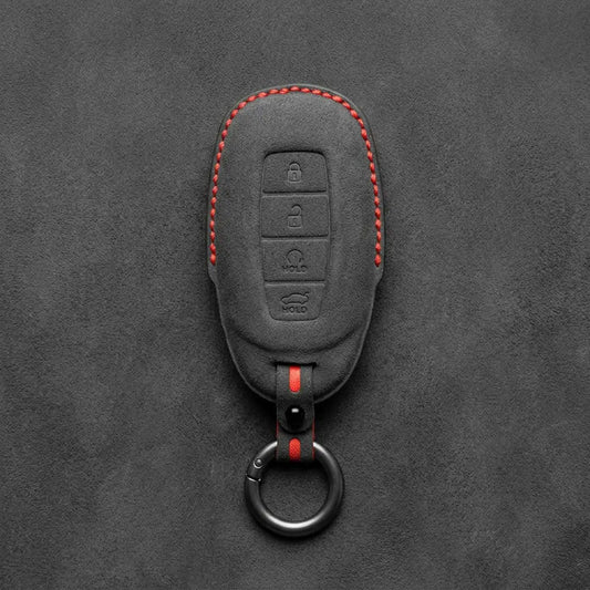 Hyundai Hand-Stitched Alcantara Key Fob Cover – Silver Cap Start & Trunk Dark Charcoal