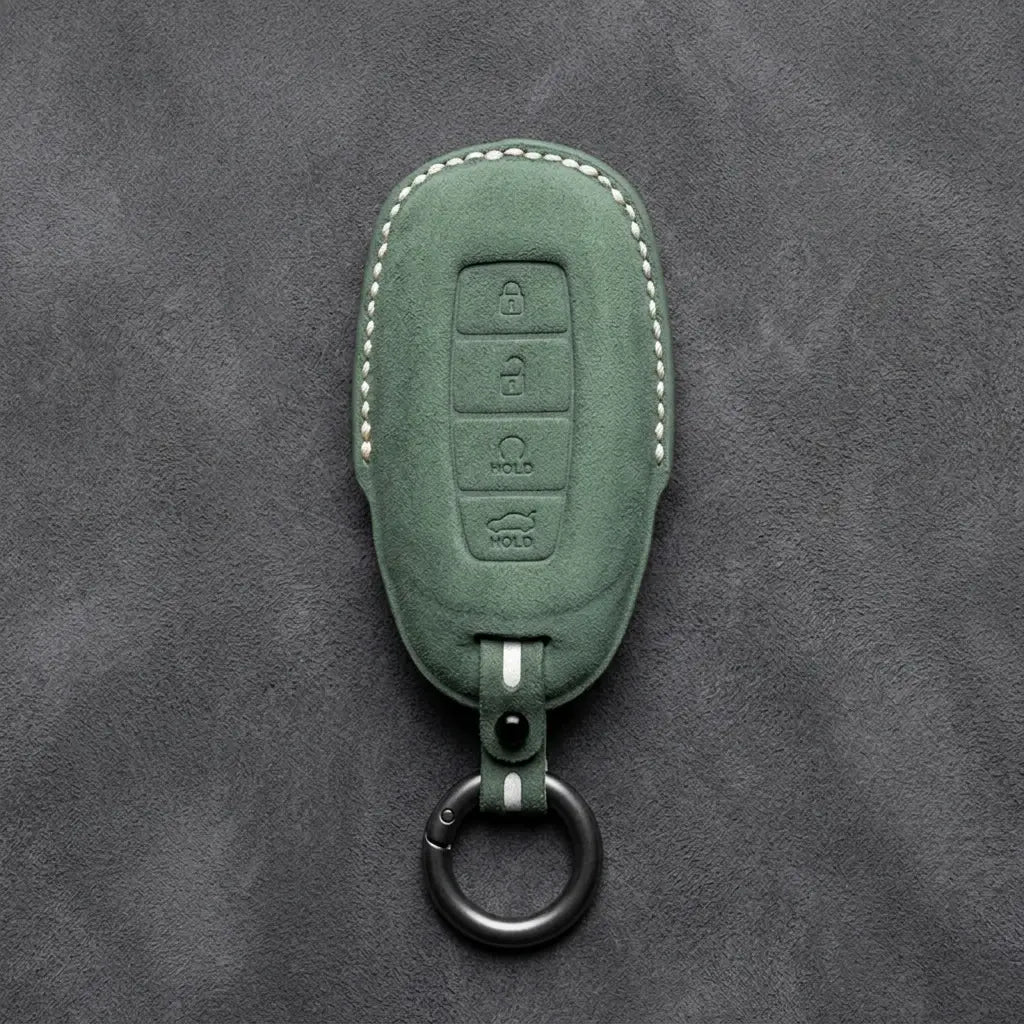 Hyundai Hand-Stitched Alcantara Key Fob Cover – Silver Cap Start & Trunk Dark Green