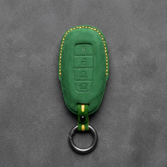 Hyundai Hand-Stitched Alcantara Key Fob Cover – Silver Cap Start & Trunk Grass Green