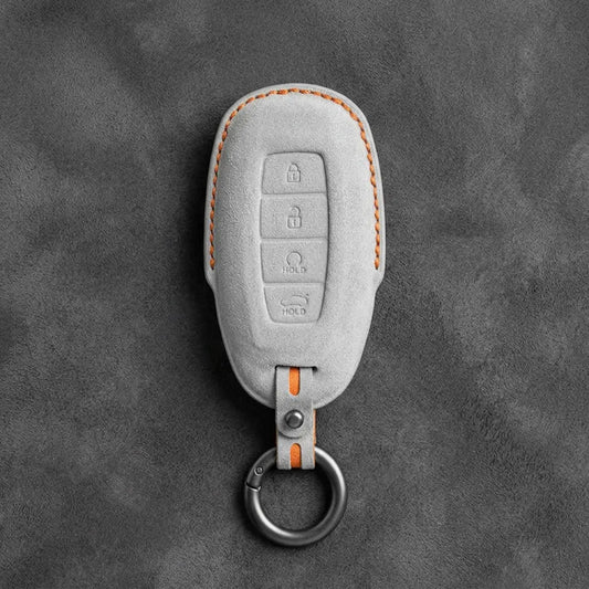 Hyundai Hand-Stitched Alcantara Key Fob Cover – Silver Cap Start & Trunk White