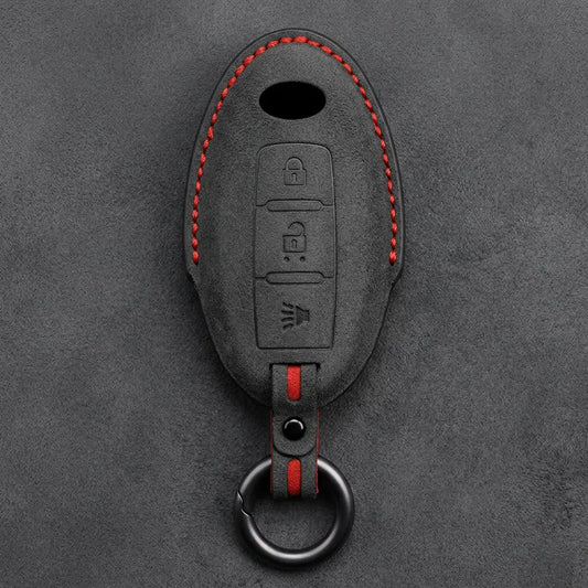 Infiniti Hand-Stitched Alcantara Key Fob Cover - Oval Smart Key 3-Button Panic - Dark Charcoal