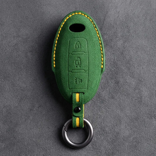 Infiniti Hand-Stitched Alcantara Key Fob Cover - Oval Smart Key 3-Button Panic - Grass Green