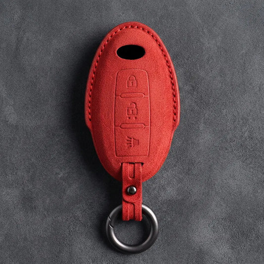 Infiniti Hand-Stitched Alcantara Key Fob Cover - Oval Smart Key 3-Button Panic - Red