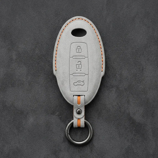 Infiniti Hand-Stitched Alcantara Key Fob Cover - Oval Smart Key 3-Button Trunk - White