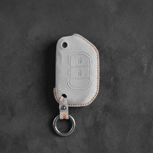Jeep Hand-Stitched Alcantara Key Fob Cover – Rugged Flip Key 2-Button White