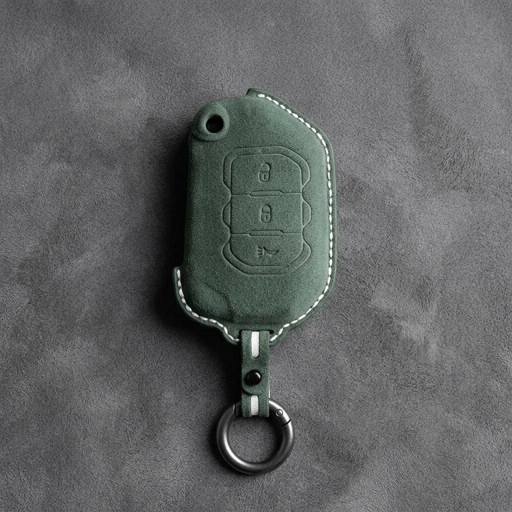Jeep Hand-Stitched Alcantara Key Fob Cover – Rugged Panic Flip Key Dark Green