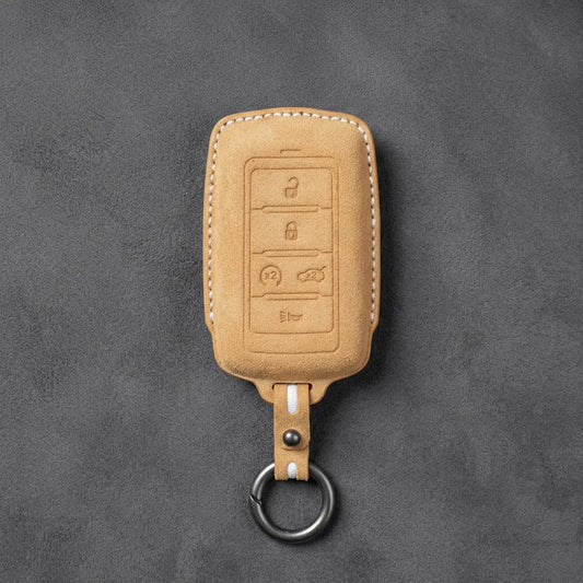 Jeep Hand-Stitched Alcantara Key Fob Cover – Vertical 5-Button Smart Key Soft Brown